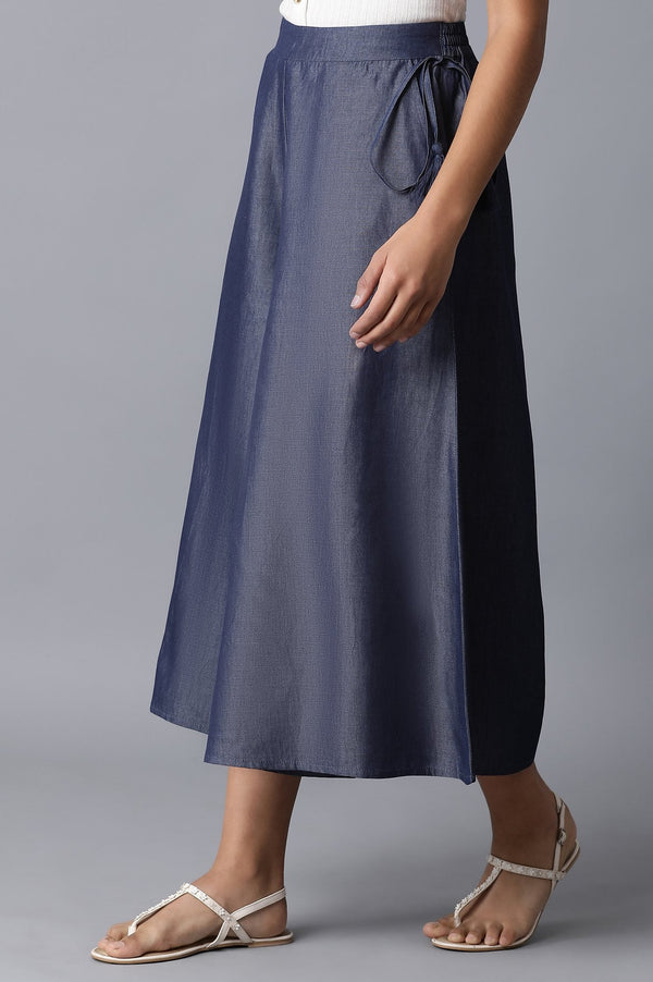 Navy Blue Solid Flared Cotton Culottes With Elasticated Waist