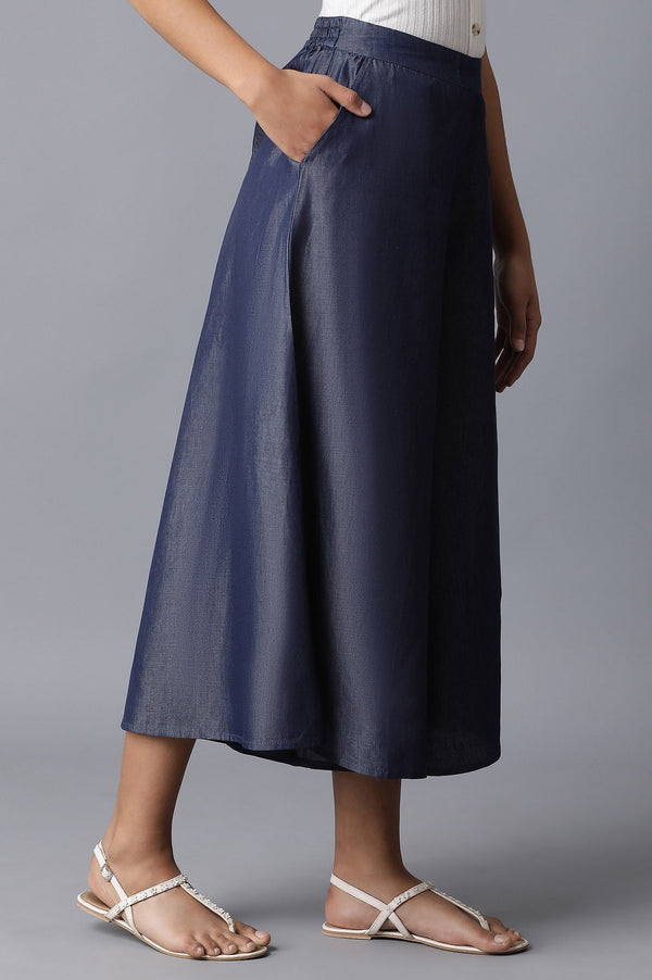 Navy Blue Solid Flared Cotton Culottes With Elasticated Waist