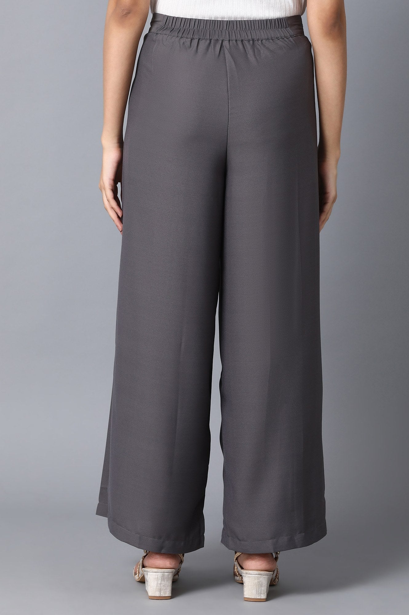 Grey Solid Flared Woven Palazzo With Front Zip