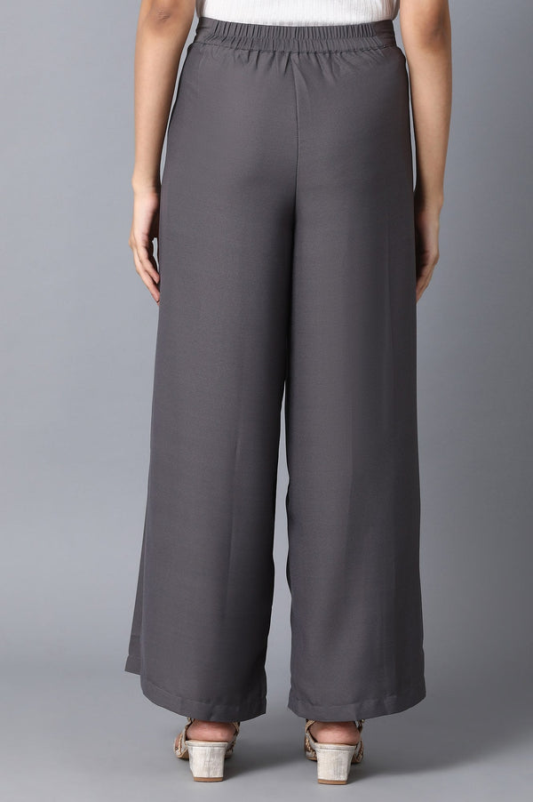 Grey Solid Flared Woven Palazzo With Front Zip