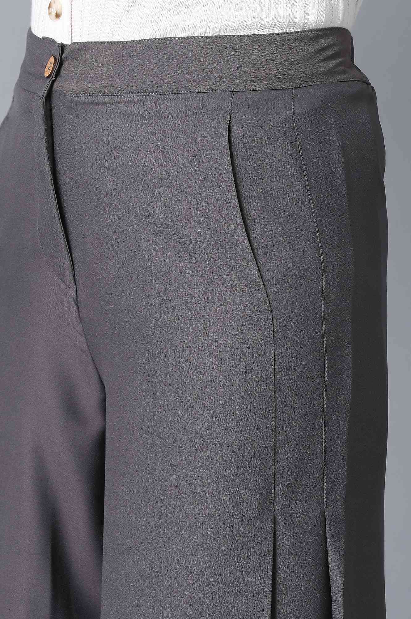 Grey Solid Flared Woven Palazzo With Front Zip