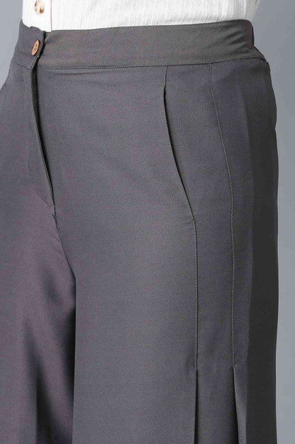 Grey Solid Flared Woven Palazzo With Front Zip