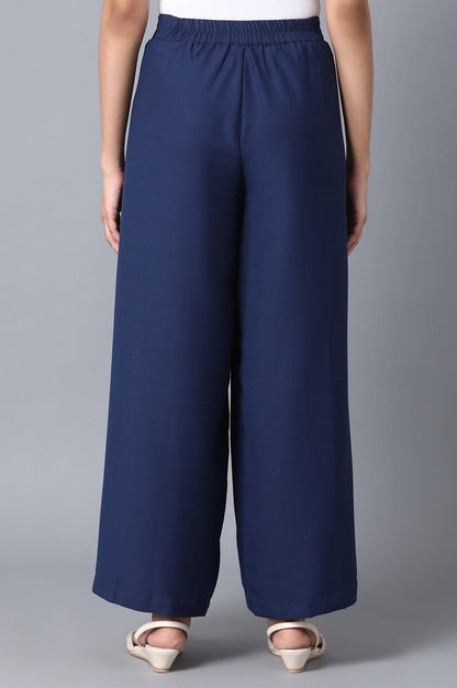 Blue Solid Flared Woven Palazzo With Front Zip Closure