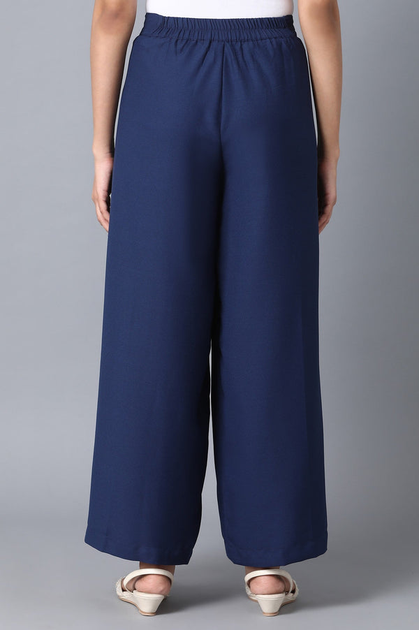 Blue Solid Flared Woven Palazzo With Front Zip Closure