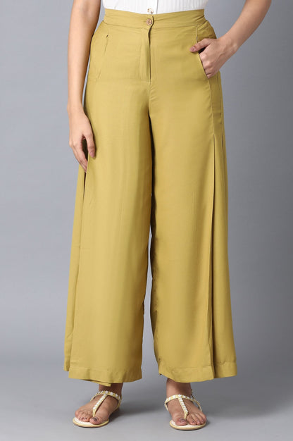 Burnished Gold Solid Flared Woven Palazzo with Front Zip