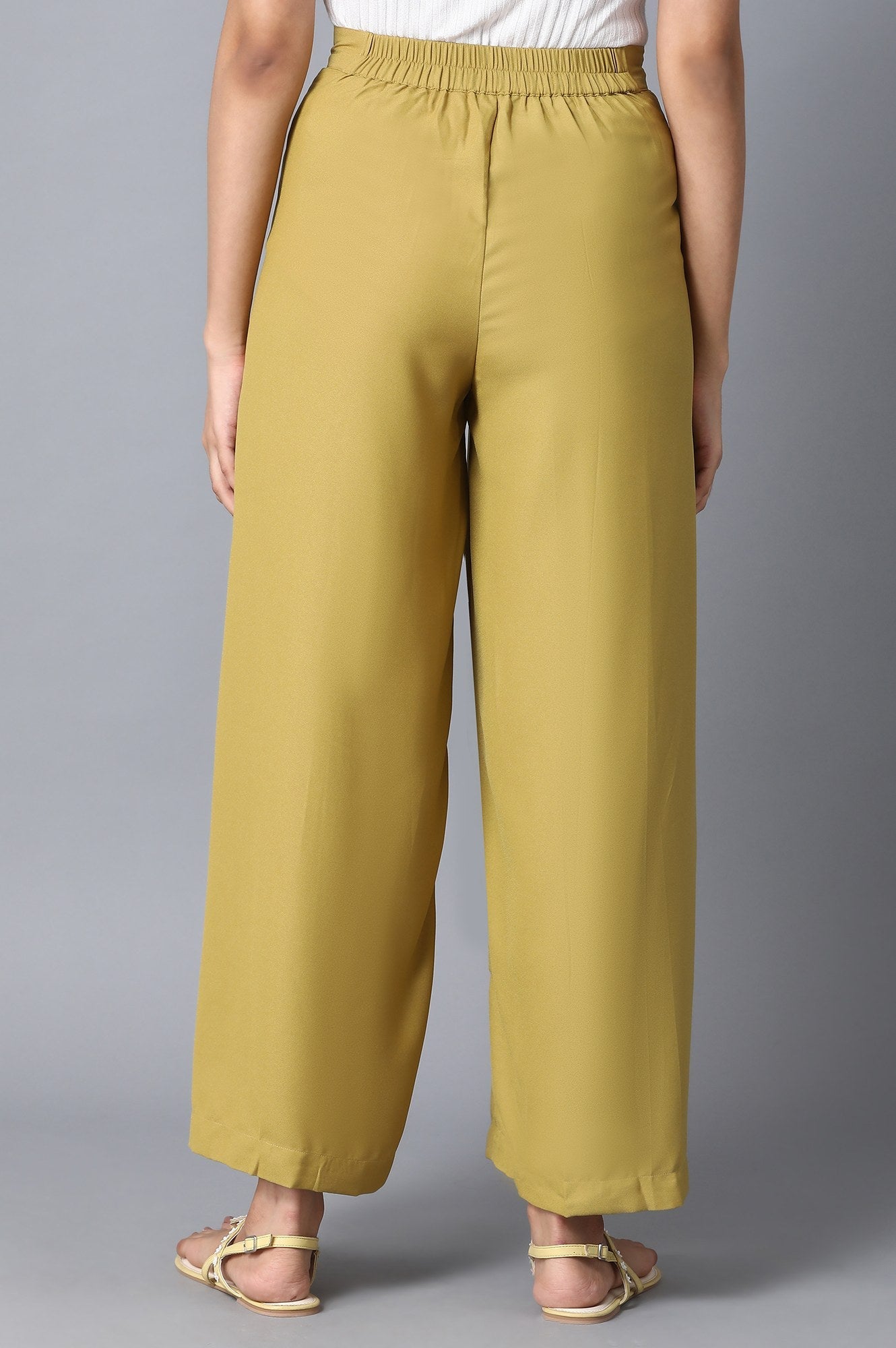 Burnished Gold Solid Flared Woven Palazzo with Front Zip