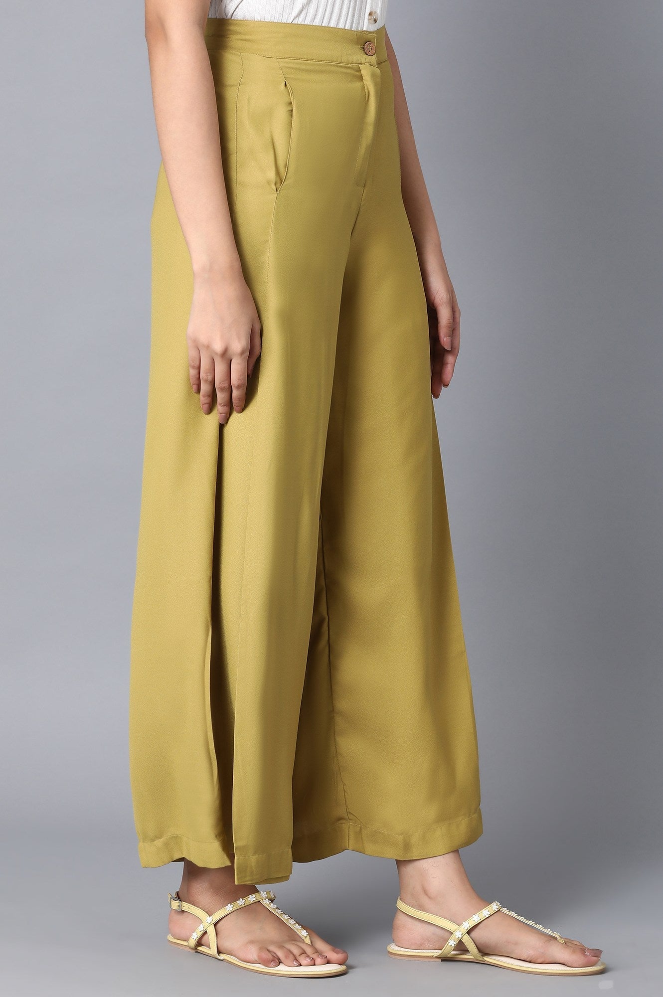 Burnished Gold Solid Flared Woven Palazzo with Front Zip