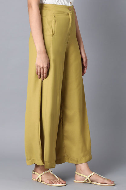 Burnished Gold Solid Flared Woven Palazzo with Front Zip