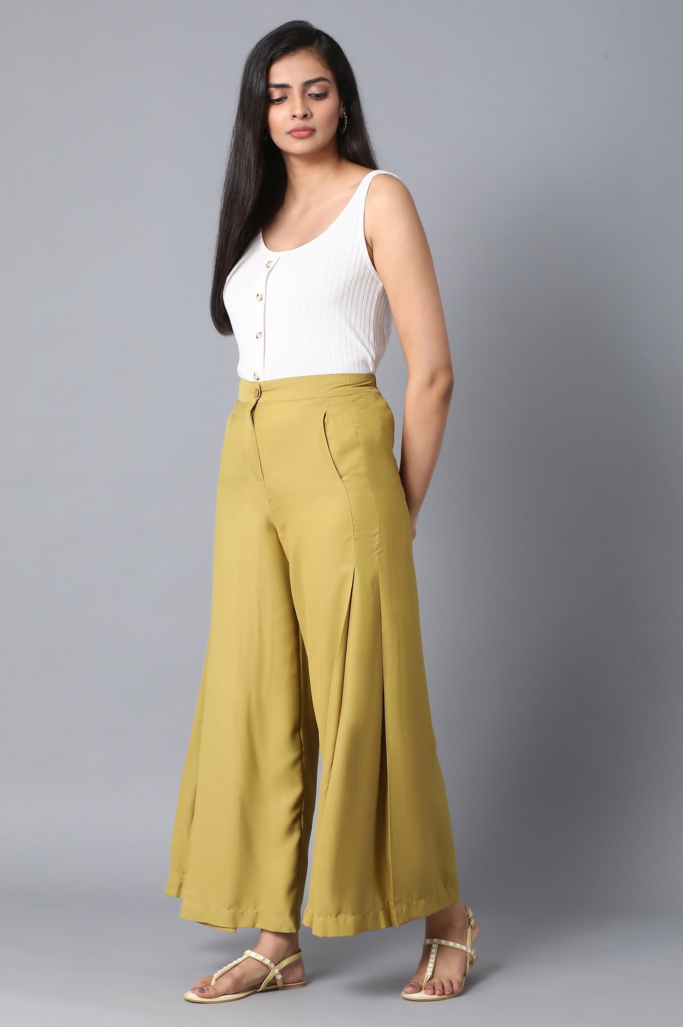 Burnished Gold Solid Flared Woven Palazzo with Front Zip