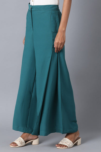 Teal Green Solid Flared Woven Palazzo with Front Zip