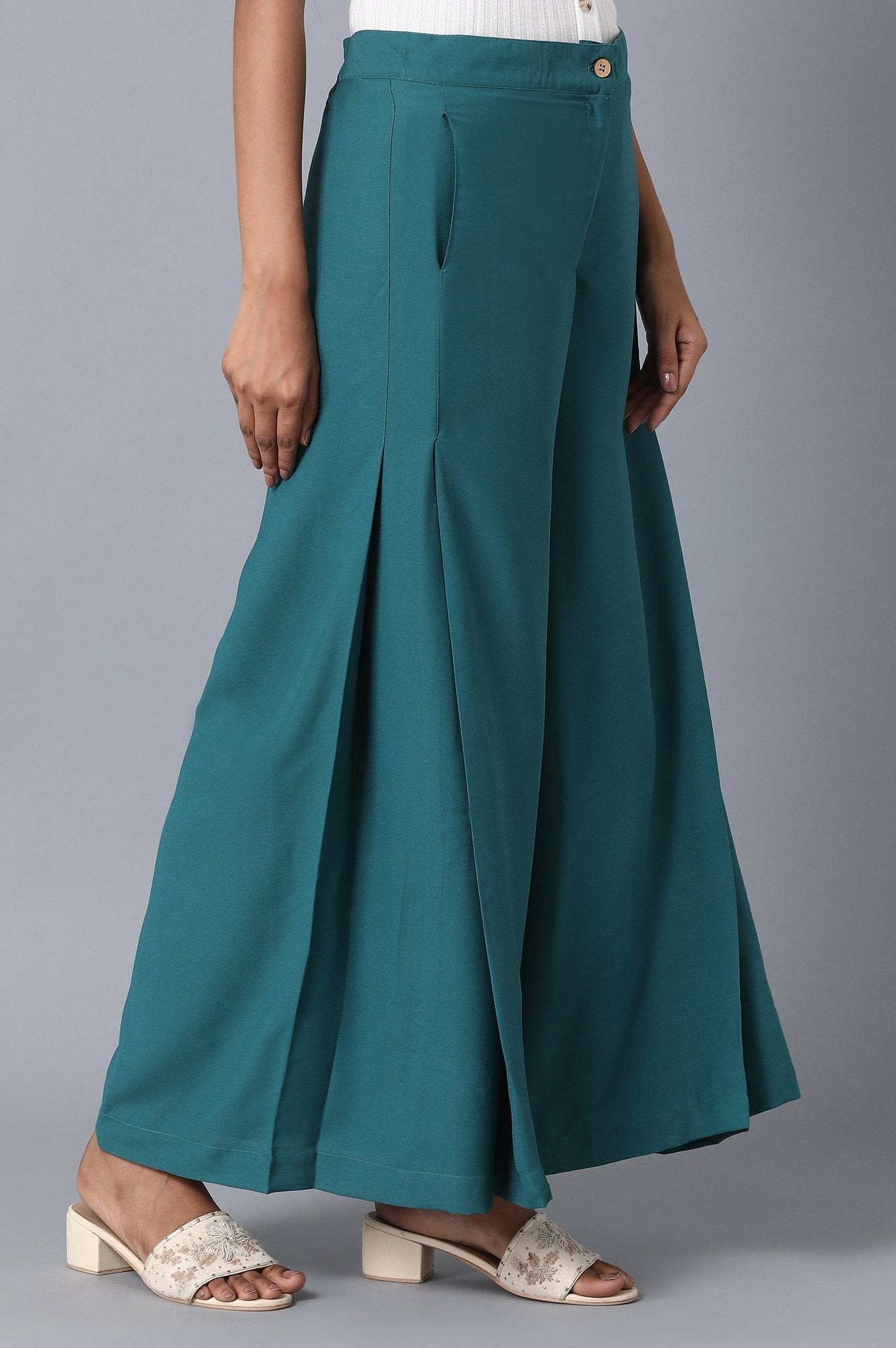 Teal Green Solid Flared Woven Palazzo with Front Zip