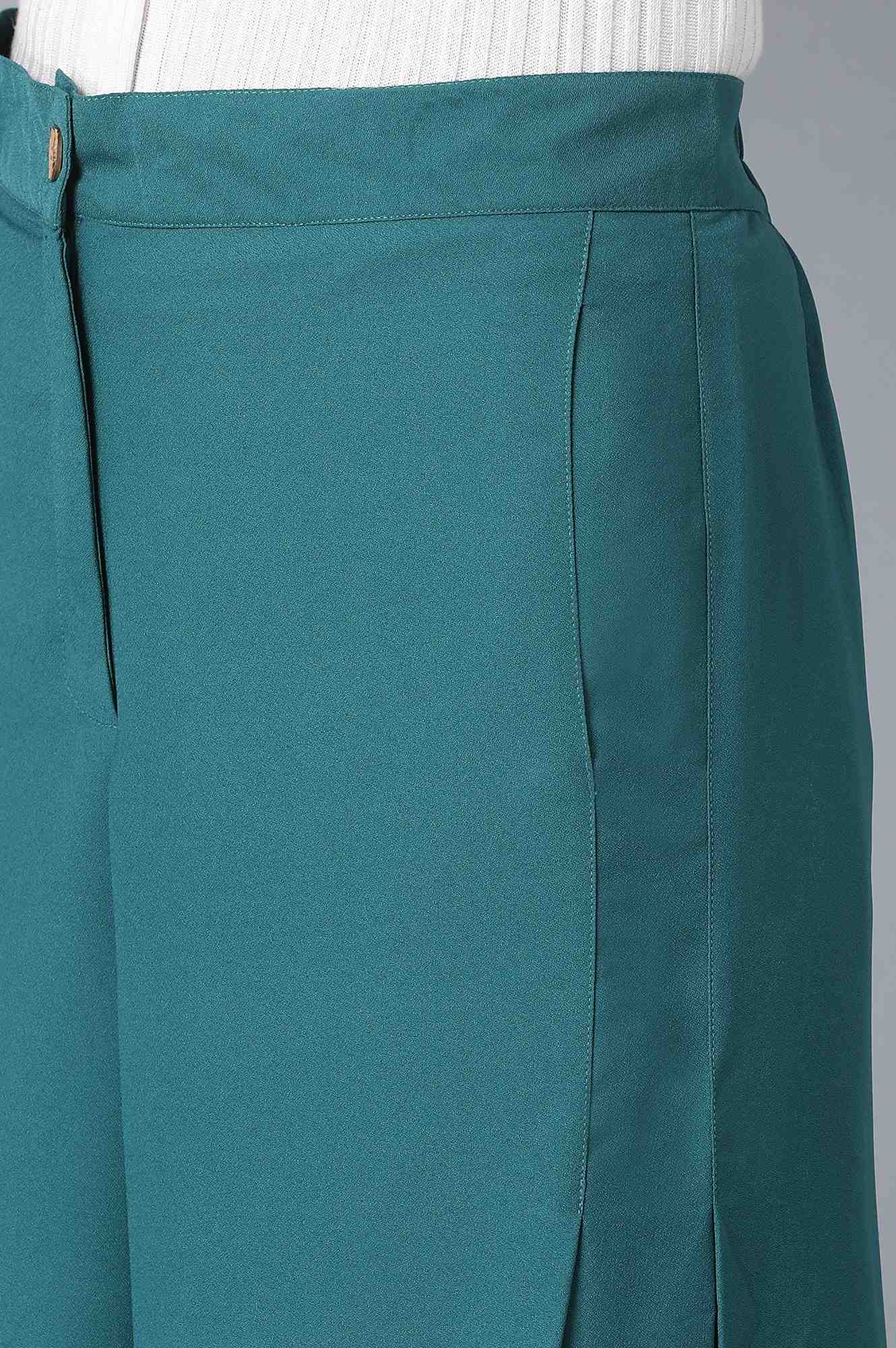 Teal Green Solid Flared Woven Palazzo with Front Zip