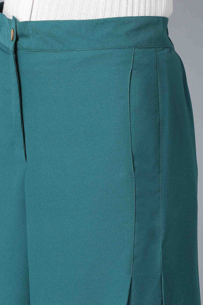 Teal Green Solid Flared Woven Palazzo with Front Zip