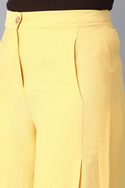 Yellow Solid Flared Woven Palazzo With Front Zip