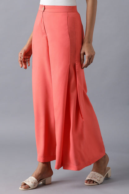 Pink Solid Flared Woven Palazzo With Side Pleats
