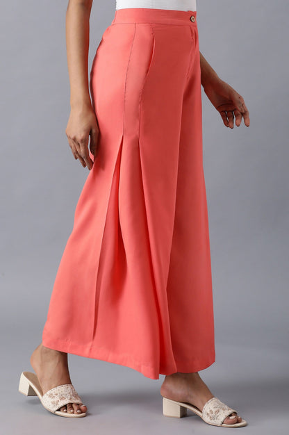 Pink Solid Flared Woven Palazzo With Side Pleats