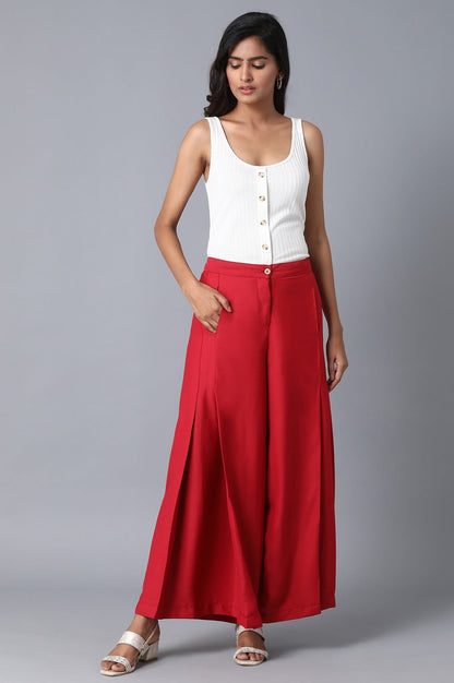 Red Solid Flared Woven Palazzo With Front Zip Closure