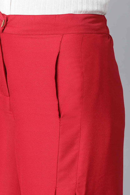 Red Solid Flared Woven Palazzo With Front Zip Closure