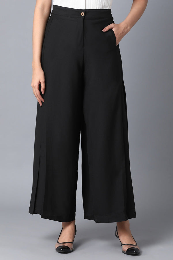 Black Solid Flared Woven Palazzo With Front Zip Closure