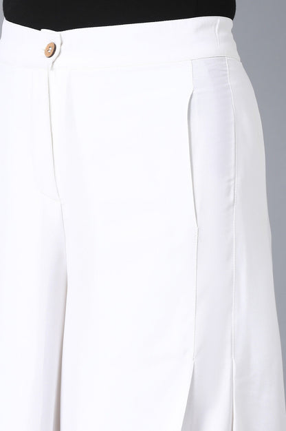 White Solid Flared Woven Palazzo With Front Zip