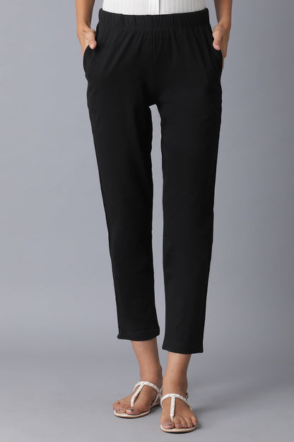 Black Solid Straight Fit Cotton Pants With Elasticated Waistband