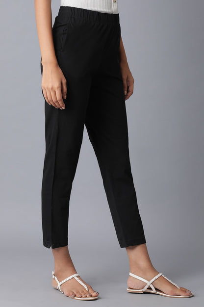 Black Solid Straight Fit Cotton Pants With Elasticated Waistband