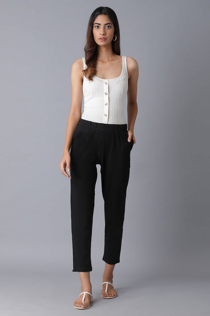 Black Solid Straight Fit Cotton Pants With Elasticated Waistband
