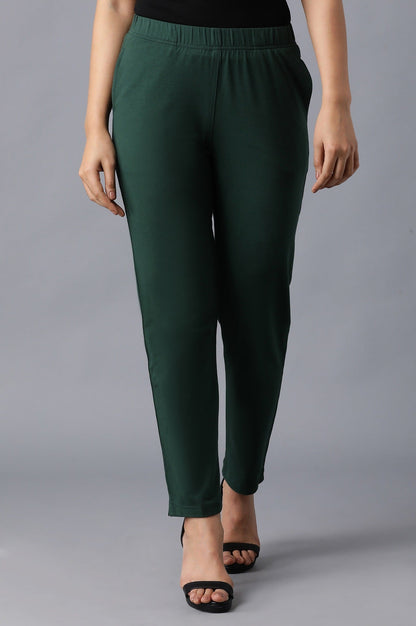 Dark Green Solid Straight Fit Cotton Pants With Elasticated Waistband