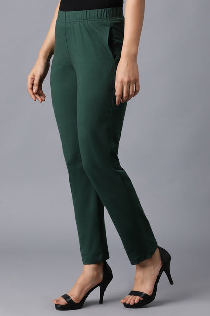 Dark Green Solid Straight Fit Cotton Pants With Elasticated Waistband