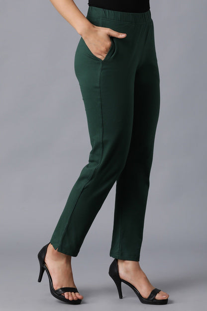 Dark Green Solid Straight Fit Cotton Pants With Elasticated Waistband