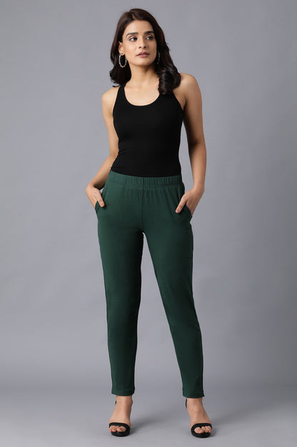 Dark Green Solid Straight Fit Cotton Pants With Elasticated Waistband