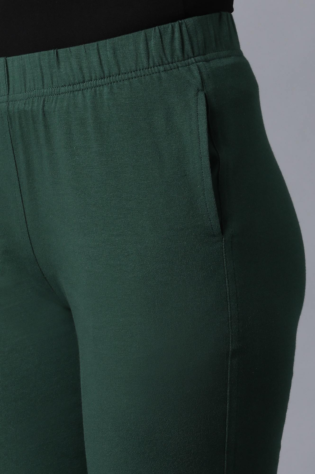 Dark Green Solid Straight Fit Cotton Pants With Elasticated Waistband