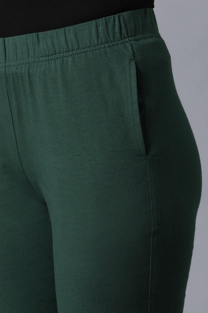 Dark Green Solid Straight Fit Cotton Pants With Elasticated Waistband