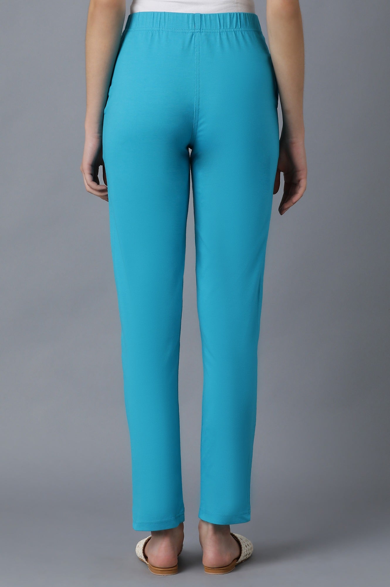 Sky Blue Solid Straight Fit Cotton Pants With Elasticated Waistband