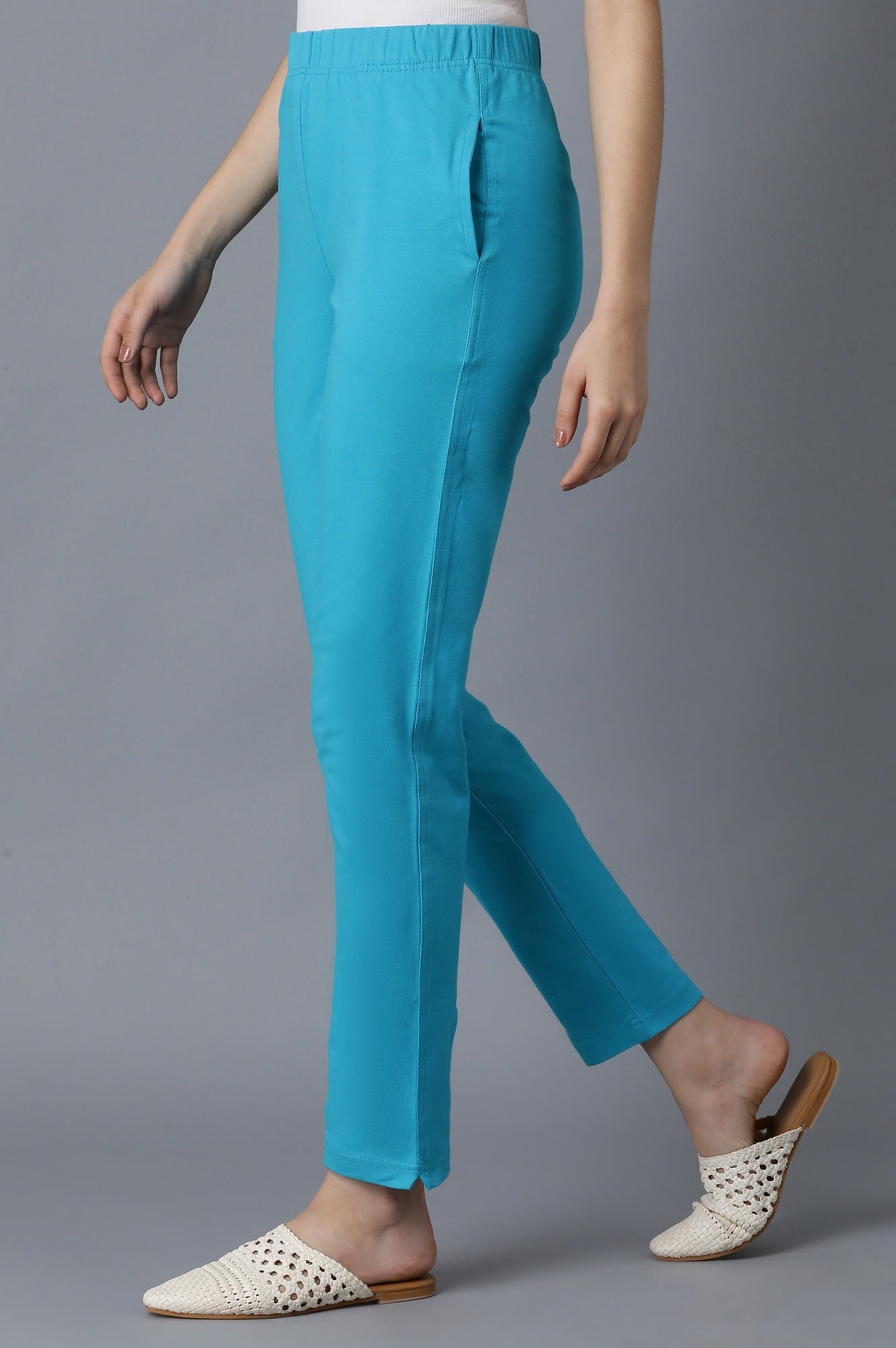 Sky Blue Solid Straight Fit Cotton Pants With Elasticated Waistband