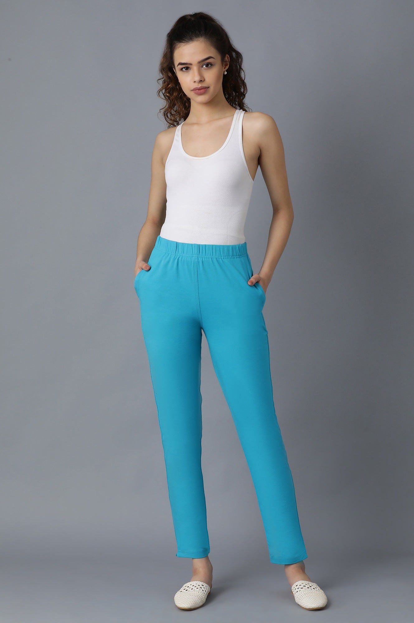 Sky Blue Solid Straight Fit Cotton Pants With Elasticated Waistband