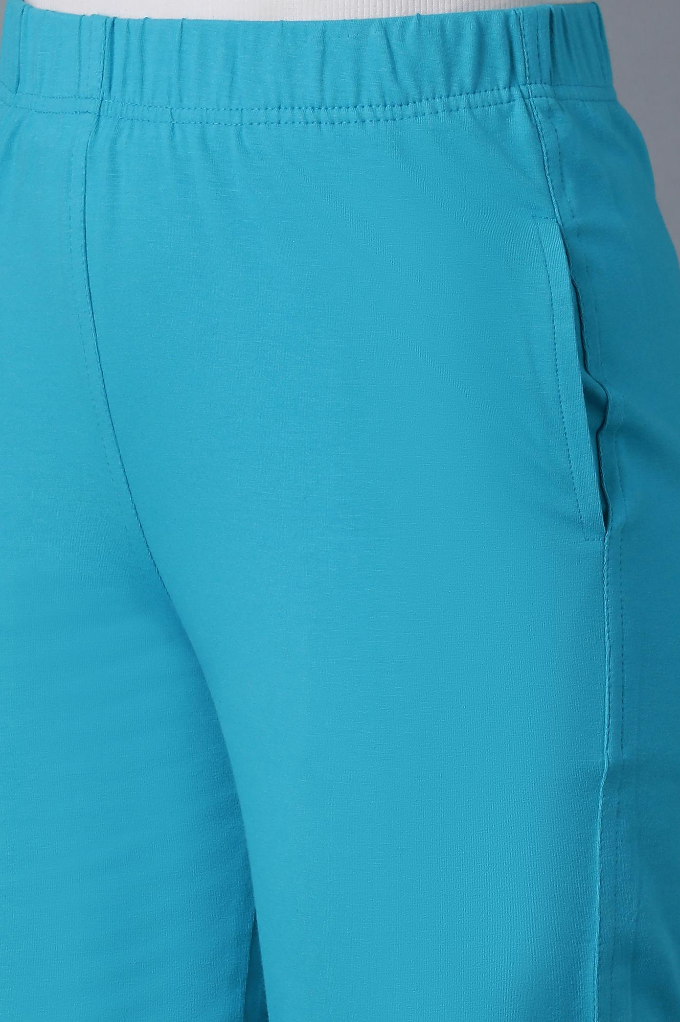 Sky Blue Solid Straight Fit Cotton Pants With Elasticated Waistband