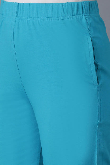 Sky Blue Solid Straight Fit Cotton Pants With Elasticated Waistband