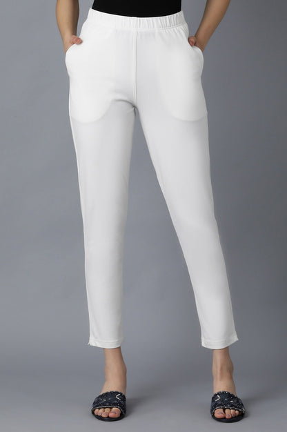 White Solid Straight Fit Cotton Pants With Elasticated Waistband