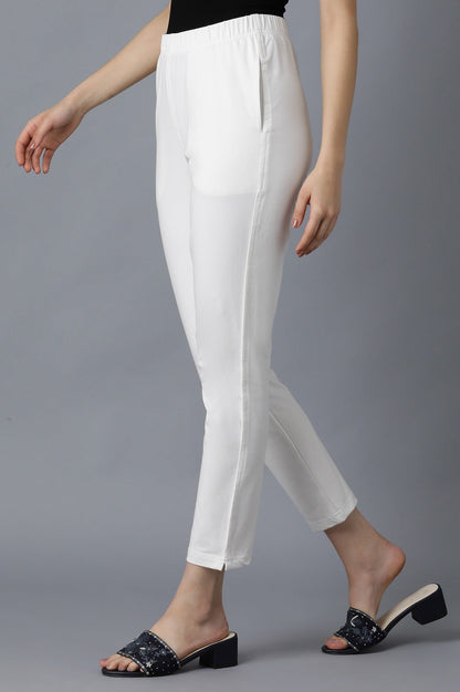 White Solid Straight Fit Cotton Pants With Elasticated Waistband