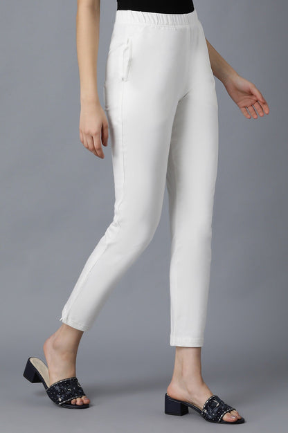 White Solid Straight Fit Cotton Pants With Elasticated Waistband