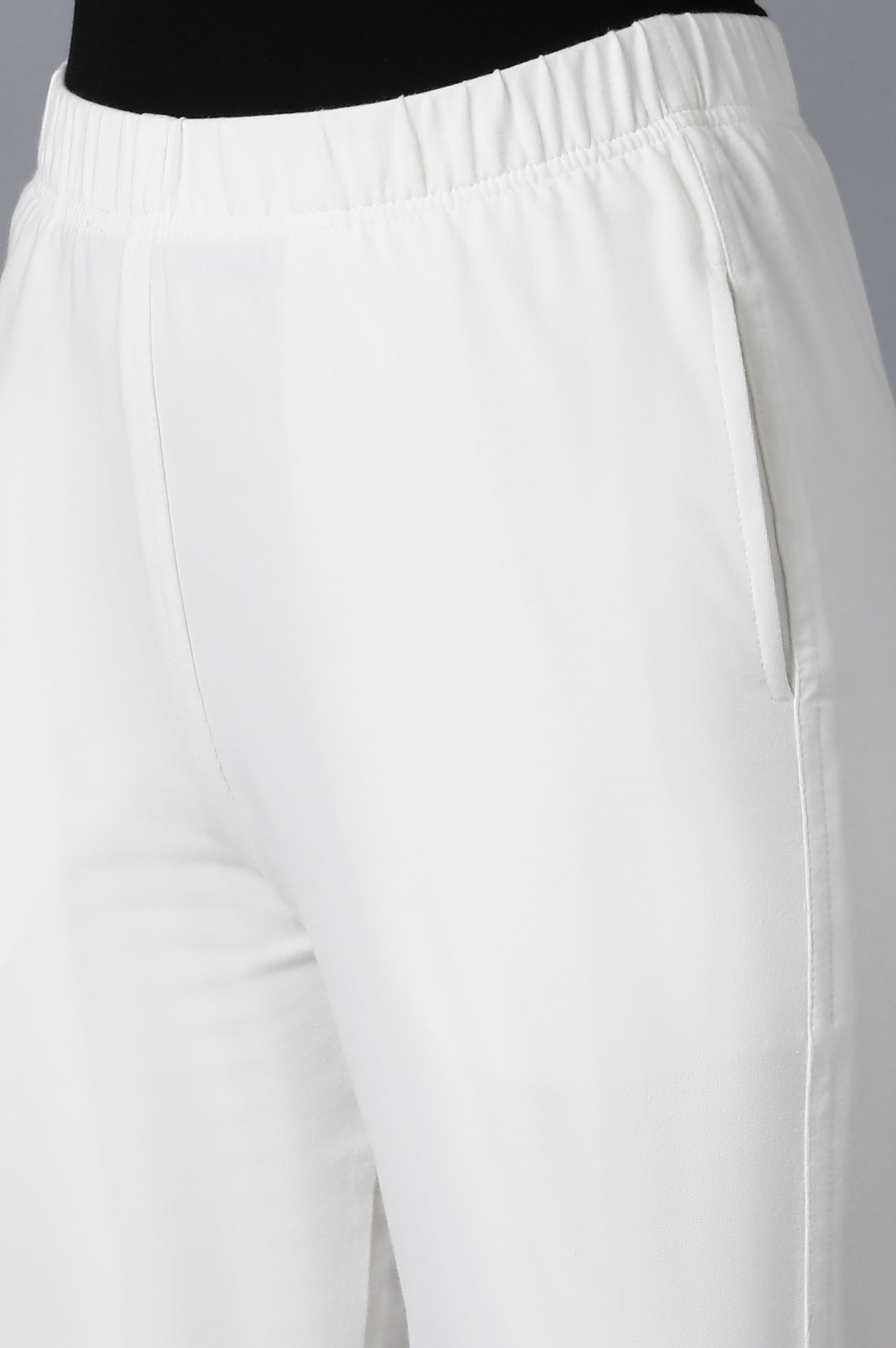 White Solid Straight Fit Cotton Pants With Elasticated Waistband