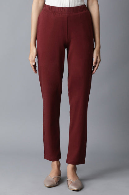 Maroon Solid Straight Fit Cotton Pants With Elasticated Waist
