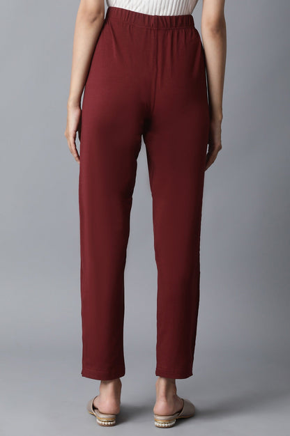 Maroon Solid Straight Fit Cotton Pants With Elasticated Waist