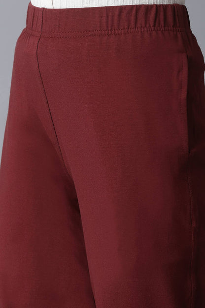 Maroon Solid Straight Fit Cotton Pants With Elasticated Waist