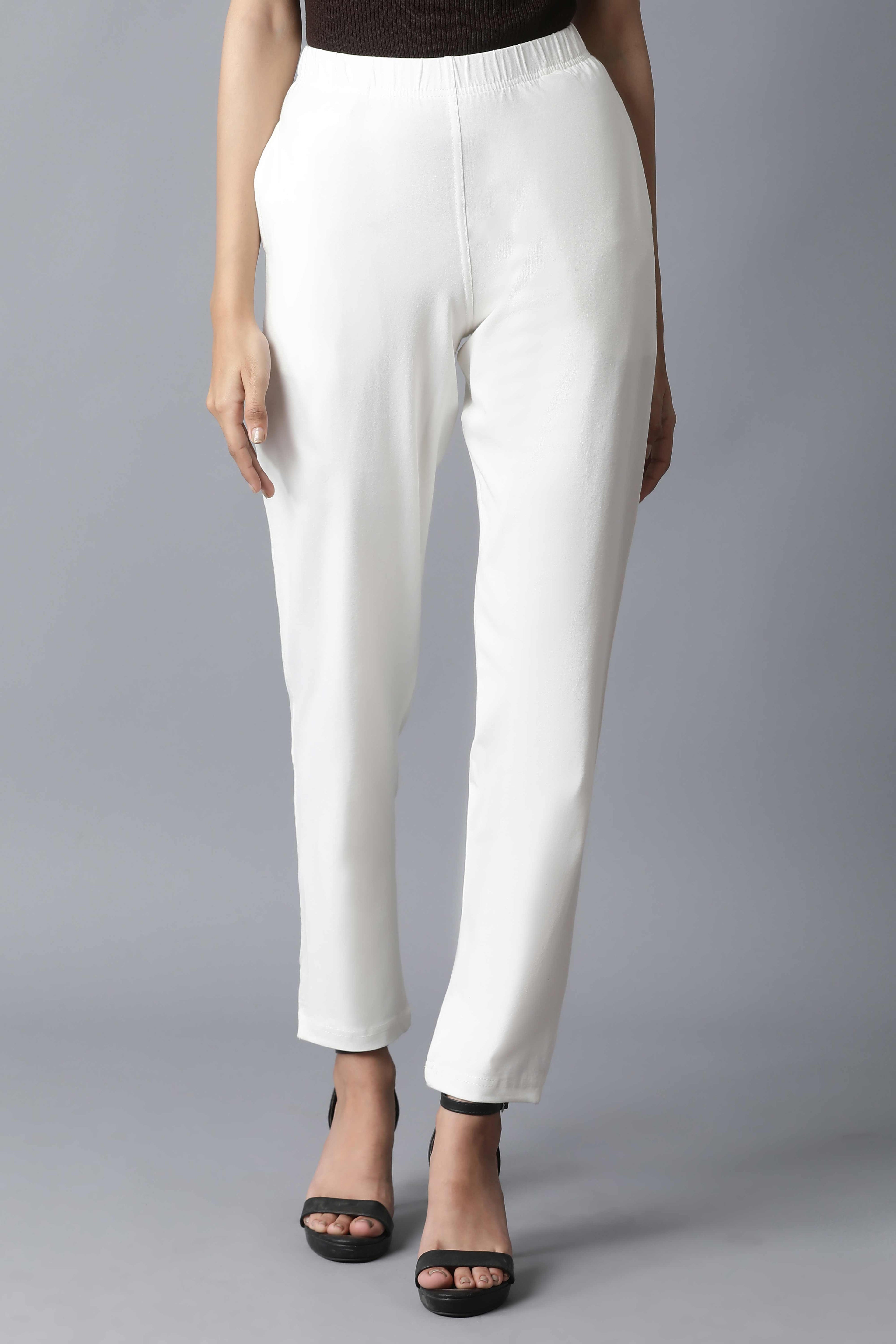 Off White Solid Straight-fit Cotton Pants with Elasticated Waistband