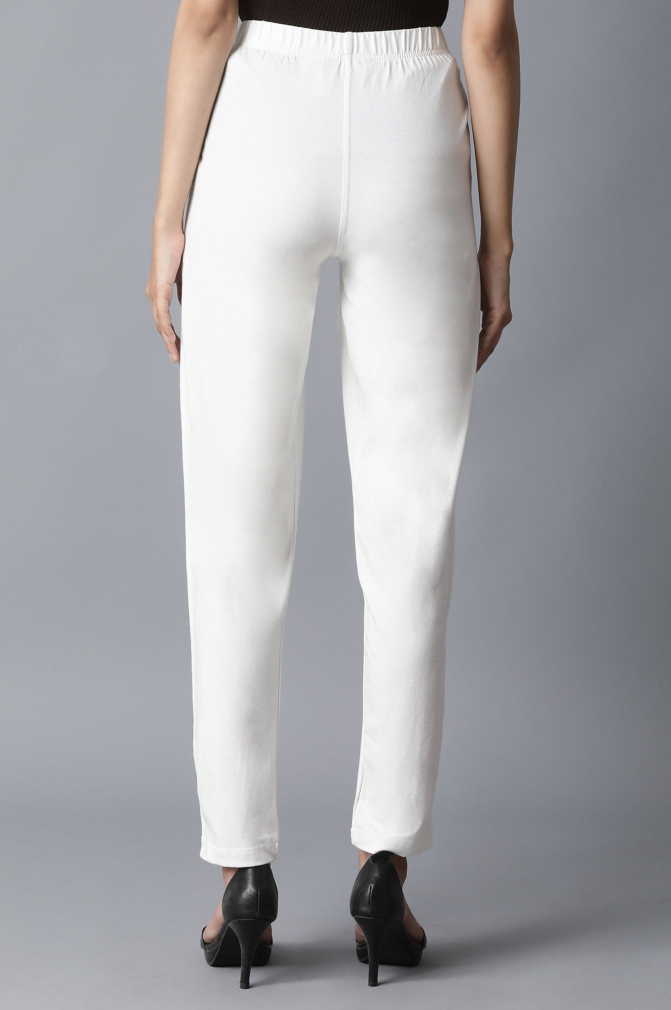 Off White Solid Straight-fit Cotton Pants with Elasticated Waistband
