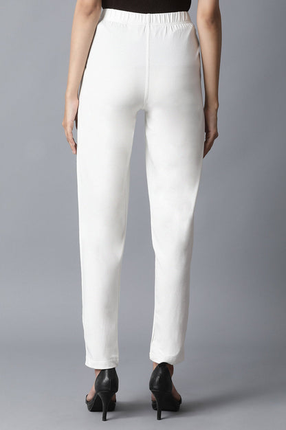 Off White Solid Straight-fit Cotton Pants with Elasticated Waistband