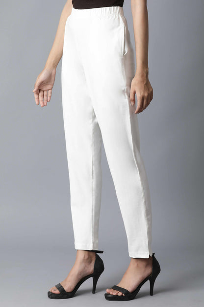 Off White Solid Straight-fit Cotton Pants with Elasticated Waistband