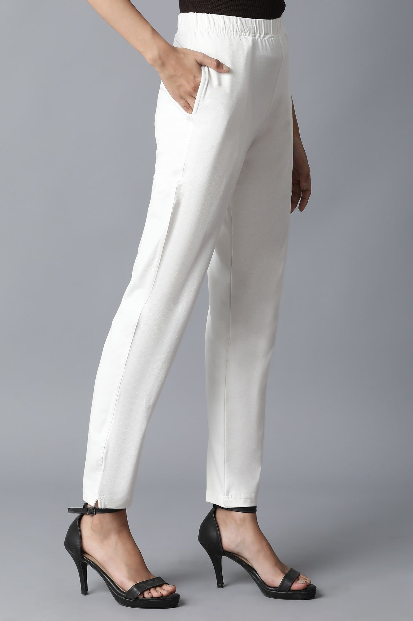 Off White Solid Straight-fit Cotton Pants with Elasticated Waistband